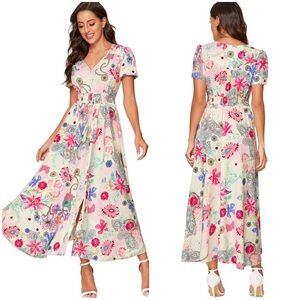 Milumia Women Button Up Floral Print Party Split Flowy Maxi Dress White Large